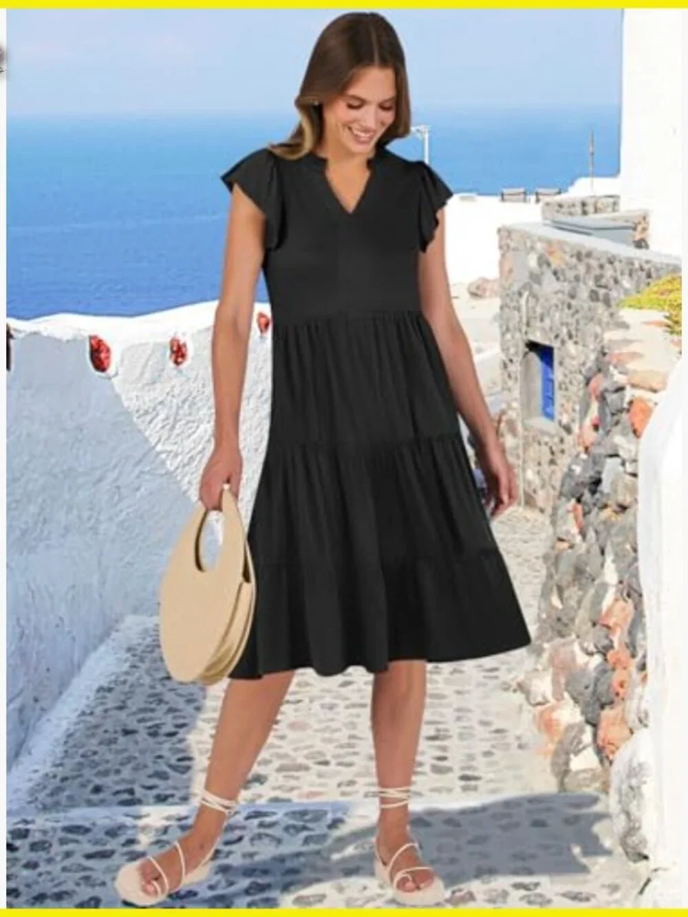 Ruffle Sleeve V Neck Midi Dress Boho Flowy Tiered Summer Casual Chic